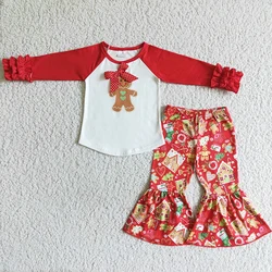 Wholesale Kids Christmas Children Clothes Red Ruffle Long Sleeve Gingerbread Shirt Bells Pants Baby Girls Sets Boutique Outfit