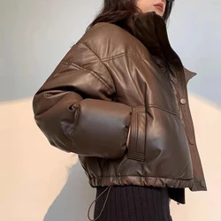 Jaqueta genuína de pele de carneiro para mulheres, jaqueta puffer curta, casaco grosso, streetwear quente, high-end, ao ar livre, inverno, 2023