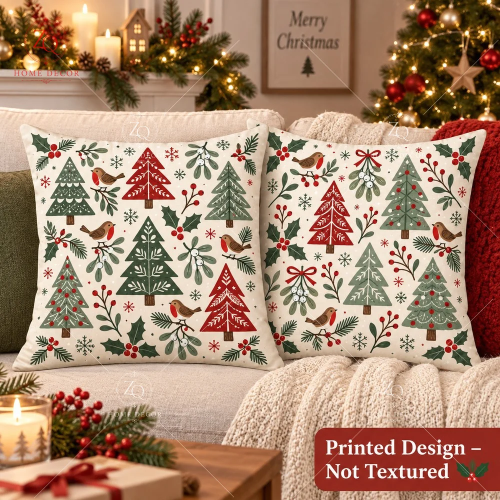 Winter Snowman Pillow Cover 2D Flat Printed Peach Skin Throw Pillowcase Robin Bird Cushion Cover For Sofa Living Room Couch