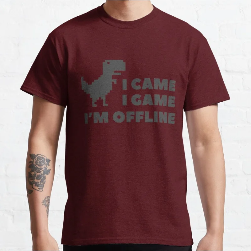 DinoChrome T-Rex _ I Came, I Game , I'm Offline Funny cartoon pixel video game dinosaur T-shirt for men large size Adult Tops