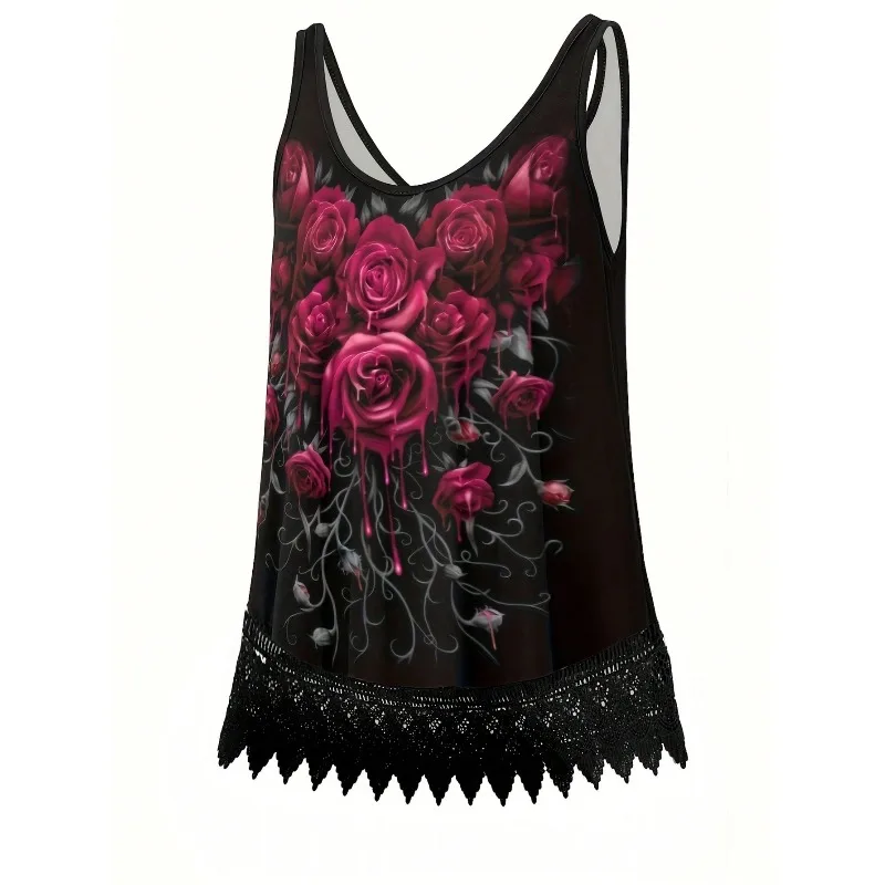 

Plus Size 1XL-5XL Women's Casual Lace Patchwork Print Vest Fashionable and Loose Wide Shoulder Strap Sleeveless Vest