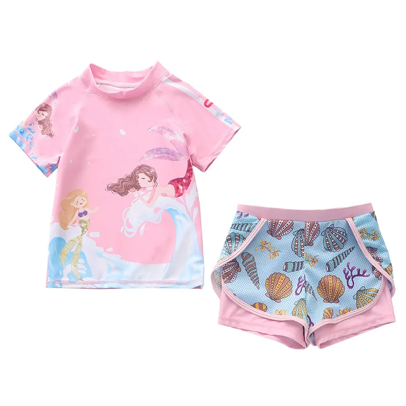 HappyFlute 16-38kg 2-Pieces Set Children\'s Swimming Pool Swimsuit Girls Lovely Split T-shirt Sweet Printed Infant Swimwear