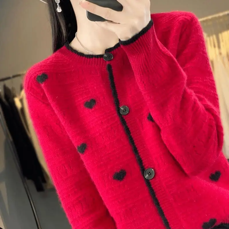 

New Autumn Winter Knitted Cardigan Women Round Neck Color-blocking Long-sleeved Sweater Loose Fashionable Versatile Jacket