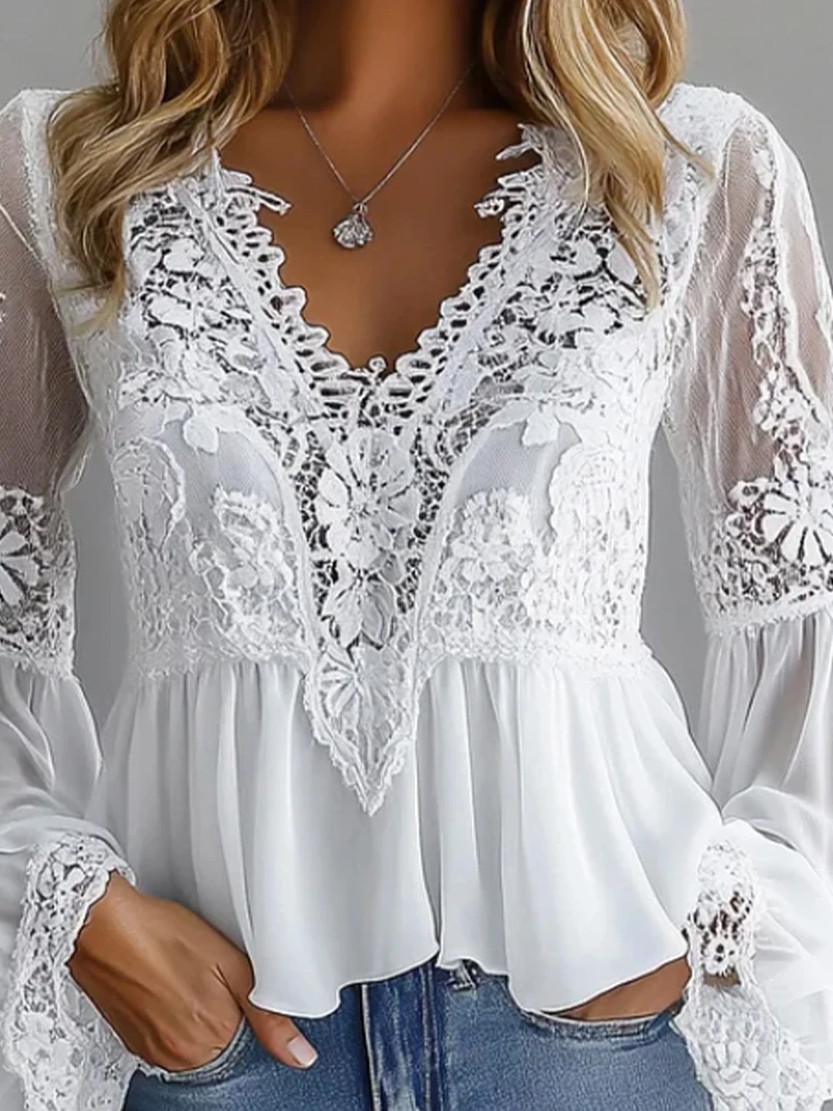 

Women Lace Blouse Sexy V-Neck Lantern Sleeve See Through Elegant Sweet Chic French Retro Long Sleeve Blouse Tops for Autum