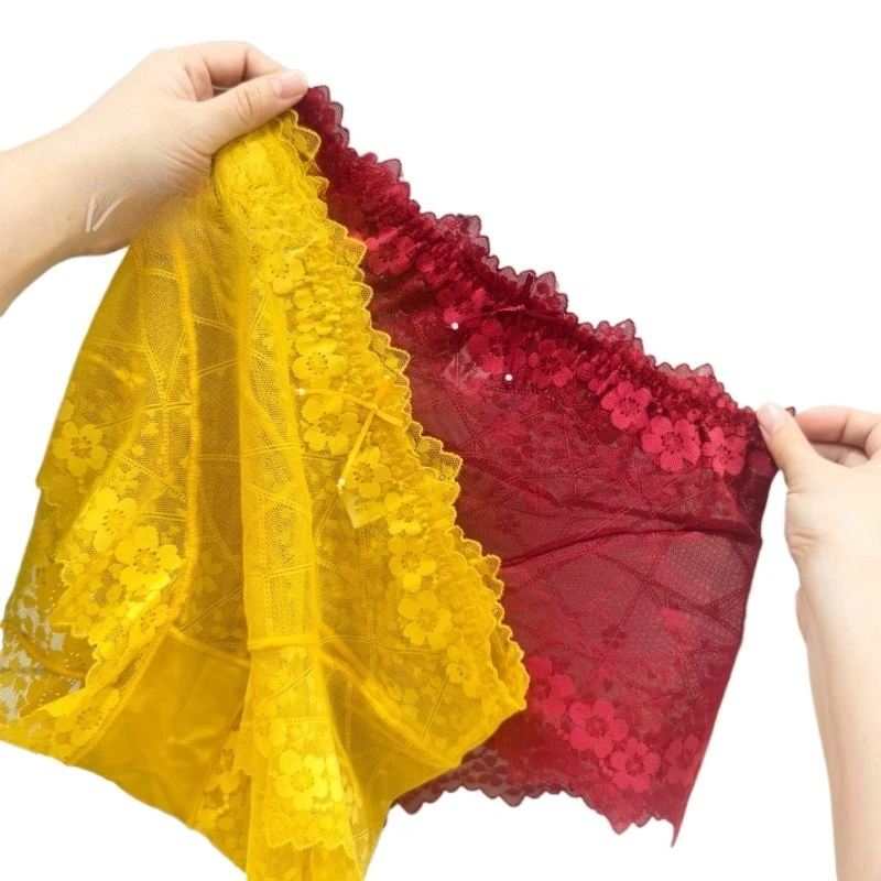 Women's Seamless Sexy Perspective Lace Flat Angle Large Size Transparent Elastic Triangle Popular Sweet and Spicy  Lace Panties