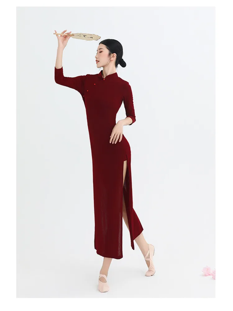 Solid Color Adult Costume Stage Dress Women Latin Dance Jazz Middle Sleeves Line Flamengo Party Split Modern Dresses 2024 Summer