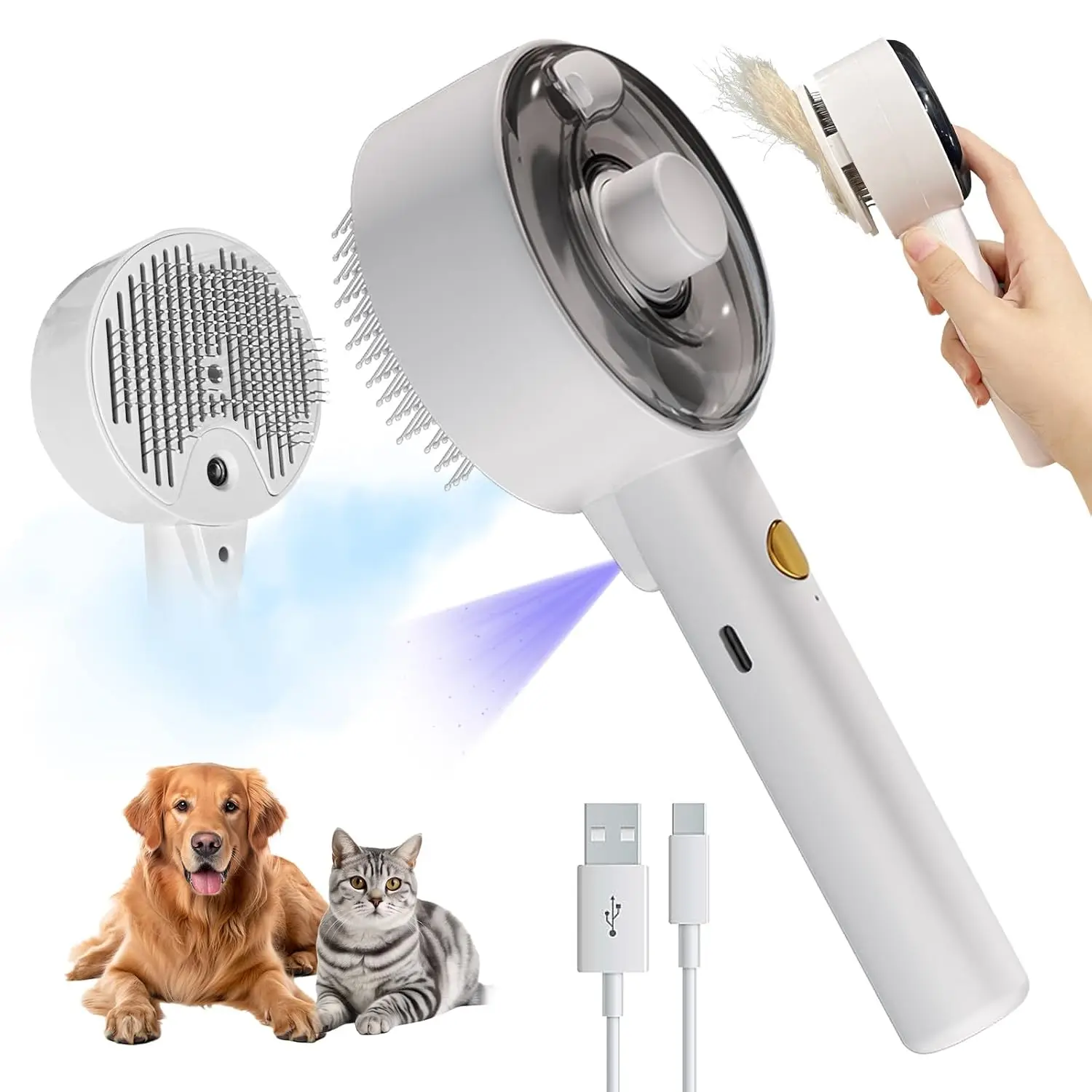 

Pet Steam Slicker Brush with UV 4-in-1 Detangler Spray Dematting Cat Dog Brush for Shedding Pet Hair Remover Pet Grooming Tools