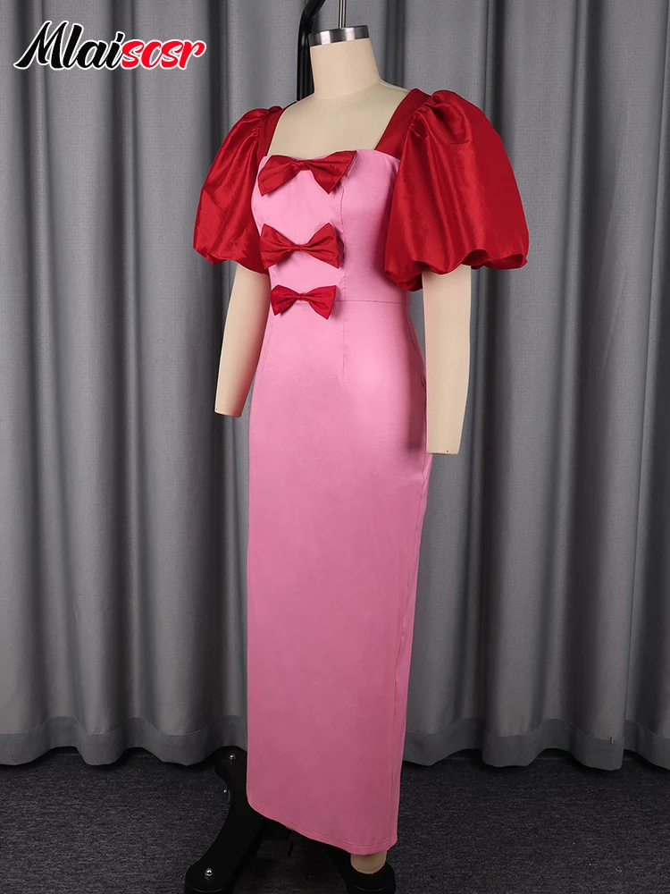 Mlaiscsr Satin Patchwork manches bouffantes nœud moulante rose robes femme col carré a-ligne élégante mariage anniversaire soirée africaine