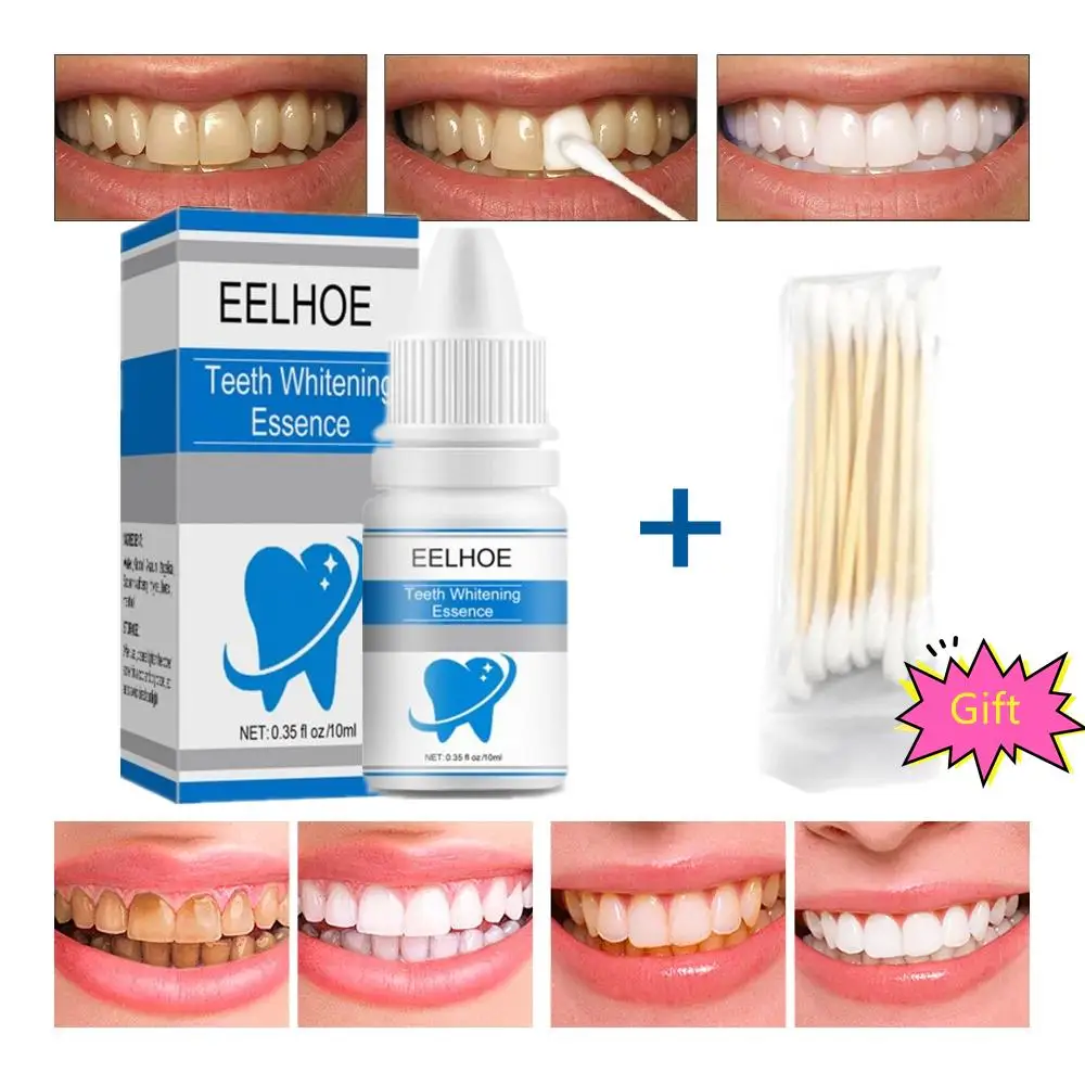 EELHOE 10ml Teeth Whitening Essence + 10pcs/bag Cotton Swab Teeth Whitening Oral Hygiene Tooth Bleaching Liquid Oral Cleanser