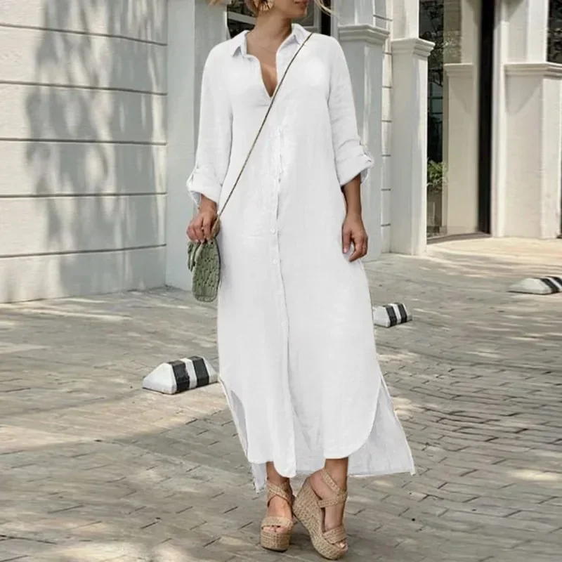 Summer Women\'s Cotton and Linen Long Sleeved Loose Fitting Dress Solid Color Lapel Button Loose Casual Dress  plus size dresses