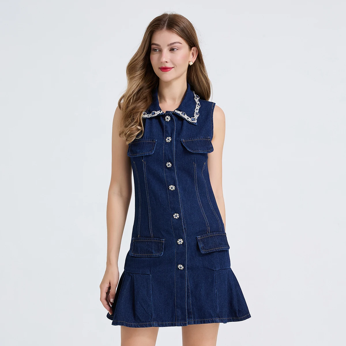 Luxe Diamond Crystal Kralen Prom Party Jurk voor Vrouwen Zoete Mouwloze Denim Tank Gewaad Single Breasted Ruches Mini Vestidos