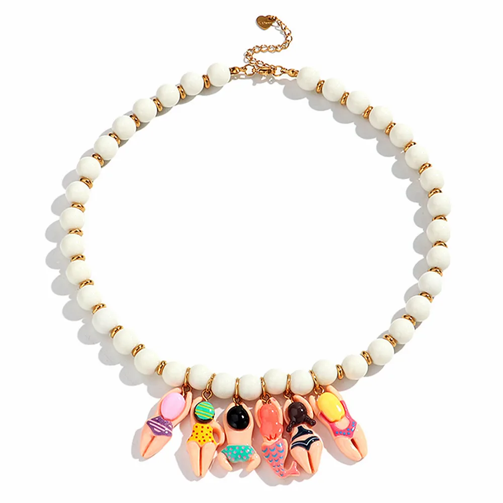 Funny Acrylic Geometric Round Beads Pendant Necklaces for Women Cute Cartoon Bikini Doll Drop Necklace Creative Accessories Gift