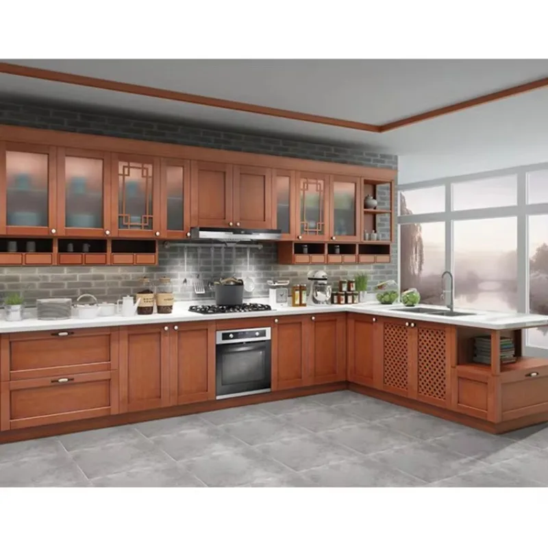 Customized Complete Set Brown Color Solid Wood Kitchen Cabinets European Usa Style Dark Oak Wooden Shaker Kitchen Cabinet