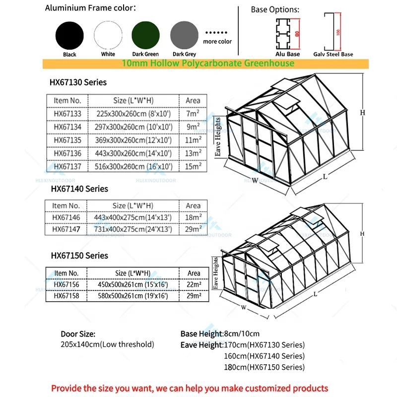 Villa Backyard Galvanized Steel Base Toughened Glass Aluminum Frame Greenhouse Polycarbonate Sheet Garden Greenhouses