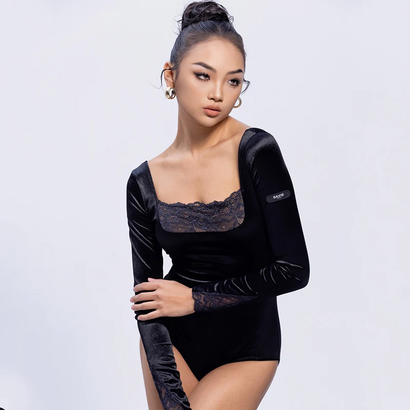 

2024 Latin Dance Tops For Women Square Necked Lace Long Sleeved Practice Clothes Professional Teacher Uniform Latin Wear DN17148