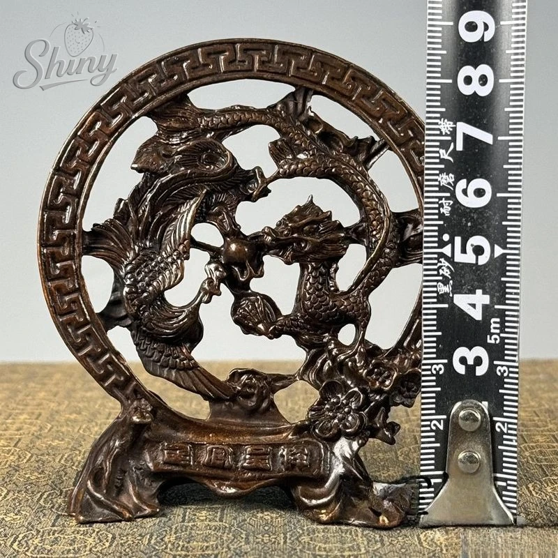 Antique Purple Copper Dragon and Phoenix Statues Chinese Ancient Wedding Room Ornament Retro Home