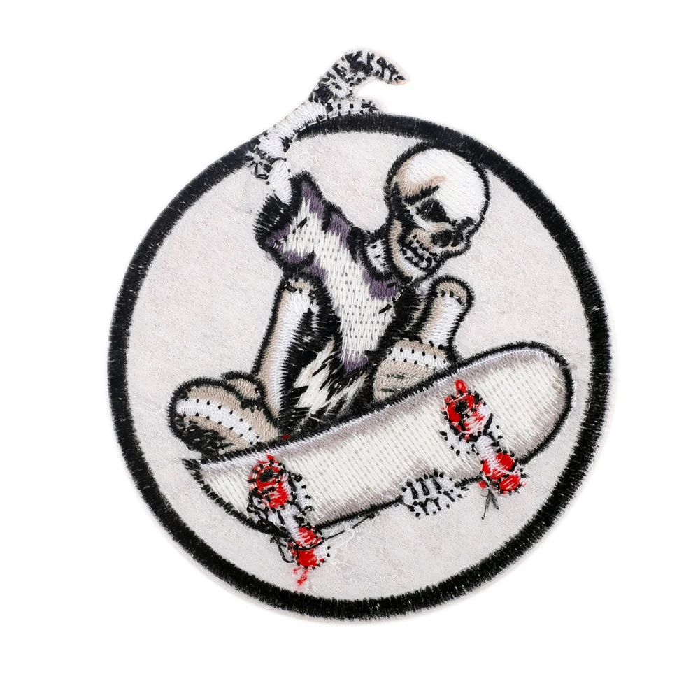 Skeleton Skateboard Embroidery Patch Red Circle Badge Iron-On Heat Transfer Patches Sewing Applique Sticker for Clothes Shoe Hat