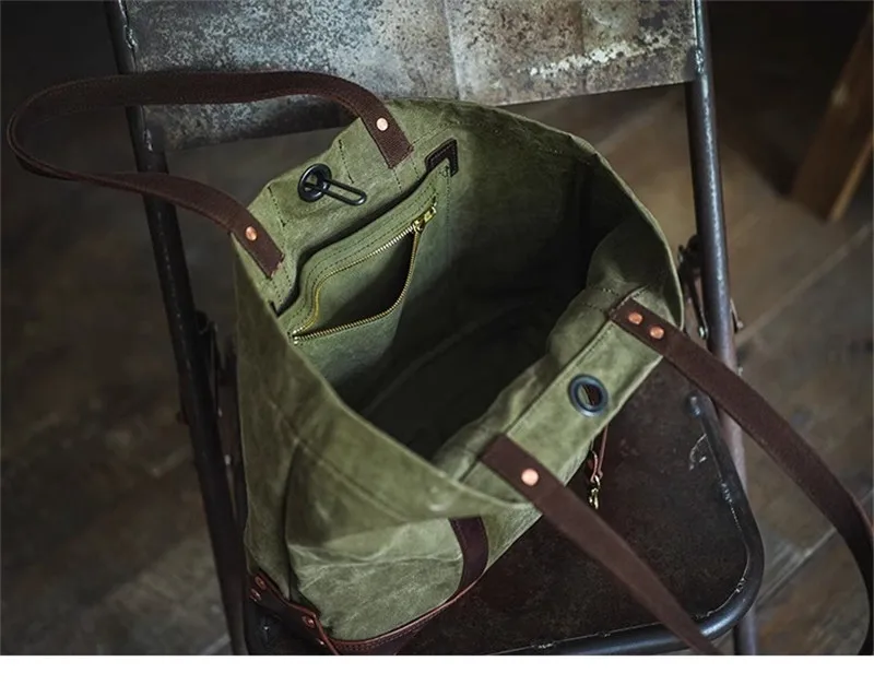 Vintage Designer Canvas Genuine Leather Men's Tote Bag Outdoor Travel Handmade Handbag Organizer Weekend Work Shoulder Bag