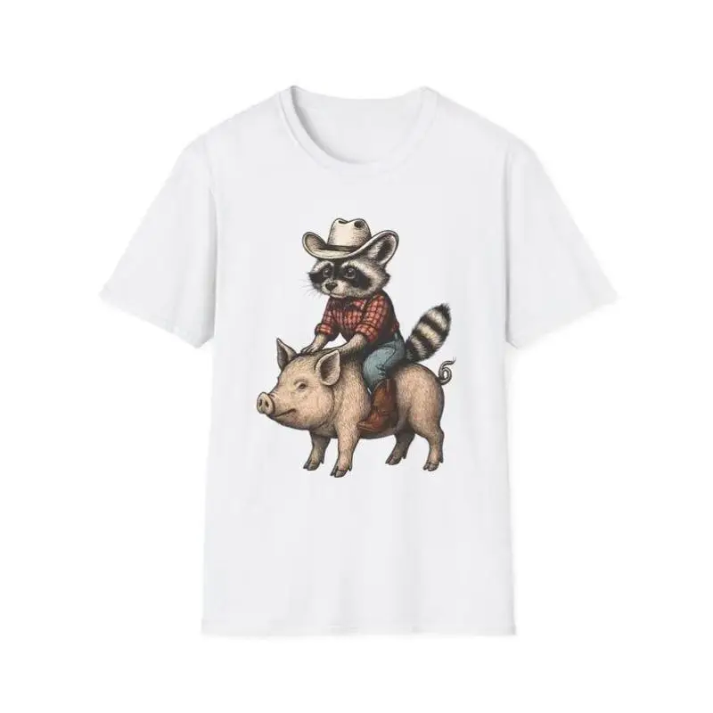 

Funny Cowboy Racoon Riding Pig Graphic T-shirt for Women Y2K Trendy Country Style Tee Cute Animal Print Top Streetwear Gift