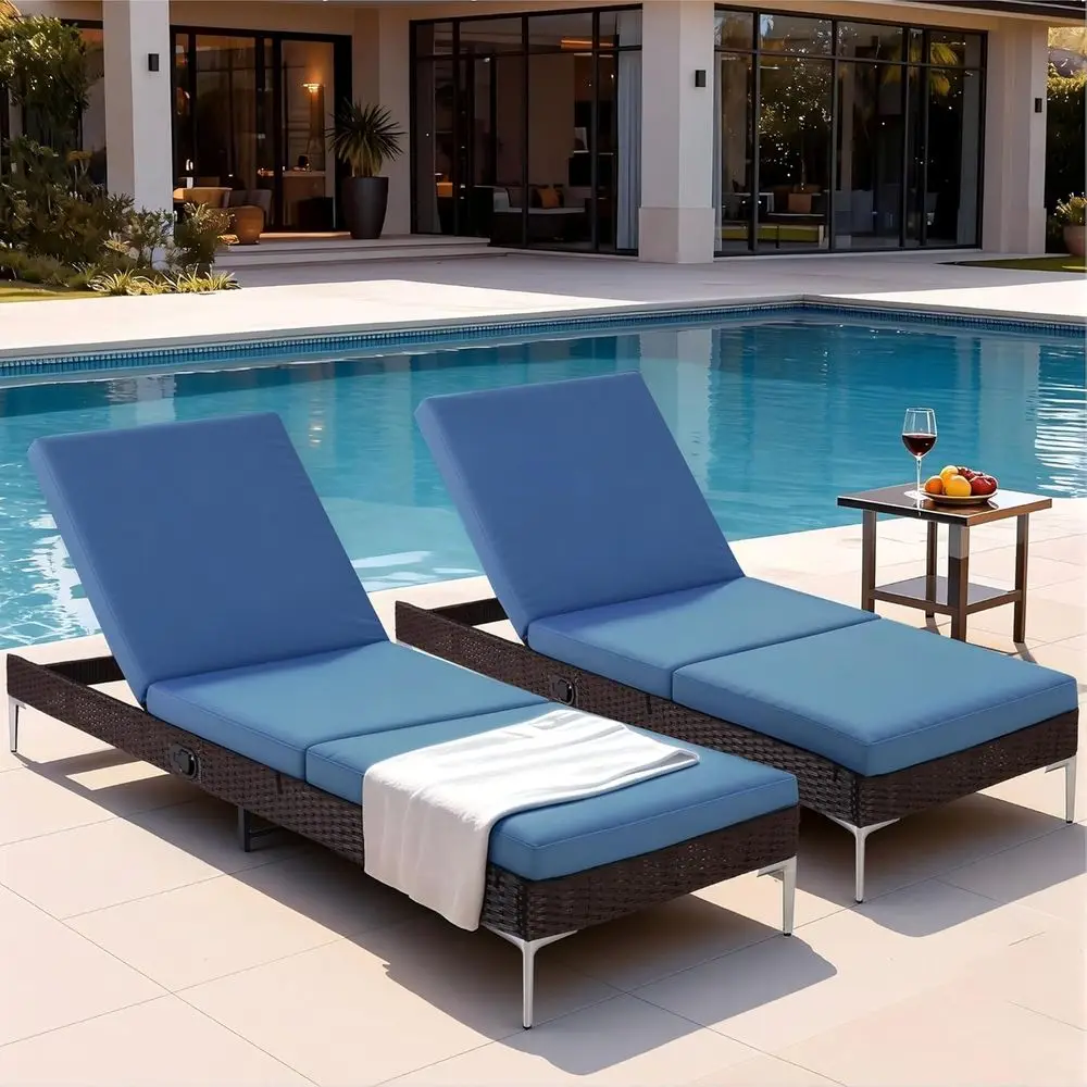 

2-Piece Rattan Poolside Reclining Lounge Chairs with Adjustable Backrests and Removable Cushions in Navy Blue