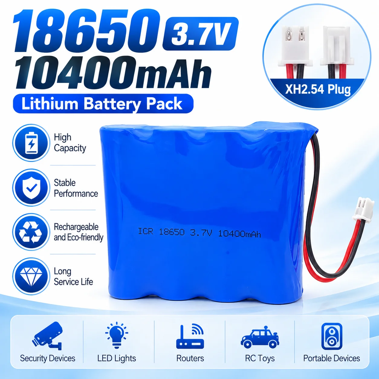 10400mAh 3.7V Rechargeable Lithium Battery Pack 18650-4P for Fishing Lights LED Mining Lamps with Protection,XH2.54-2P Plug