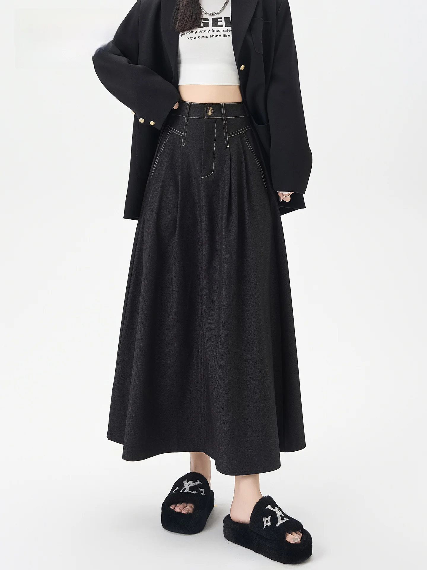 

Bla Denim Look Асимметричная юбка-миди трапециевидной формы с высокой талией Женская мода 202, осенняя винтажная утягивающая юбка-зонтик