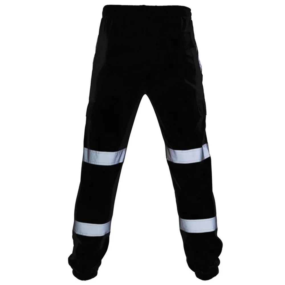 Mens High Visibility Work Cargo Pants Drawstring Casual Pockets Safe Reflective Construction Elastic Waist Trousers