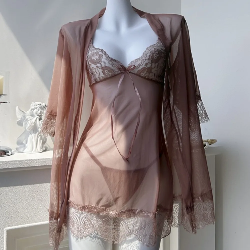 

Transparent Lace Suspender Nightdress Backless Deep V Neck Mesh Sling Nightgown Women Lingerie Ice Silk Sleepwear Robe Set Home