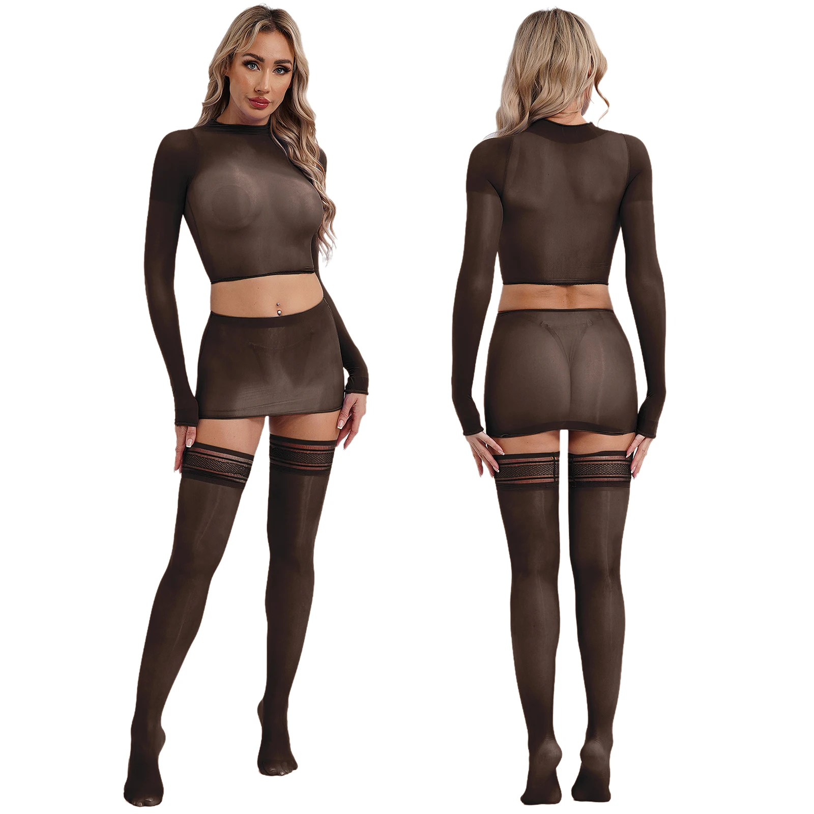 

Womens Glossy See-through Lingerie Sexy Clubwear Long Sleeve Crop Tops Mini Skirt with Thigh High Stockings for Nightclub Party