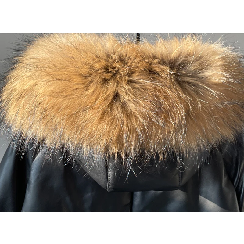 Doudoune en cuir véritable pour femme, col en fourrure de raton laveur, à capuche, en peau de mouton, duvet de canard blanc, manteaux chauds épais, hiver 2025