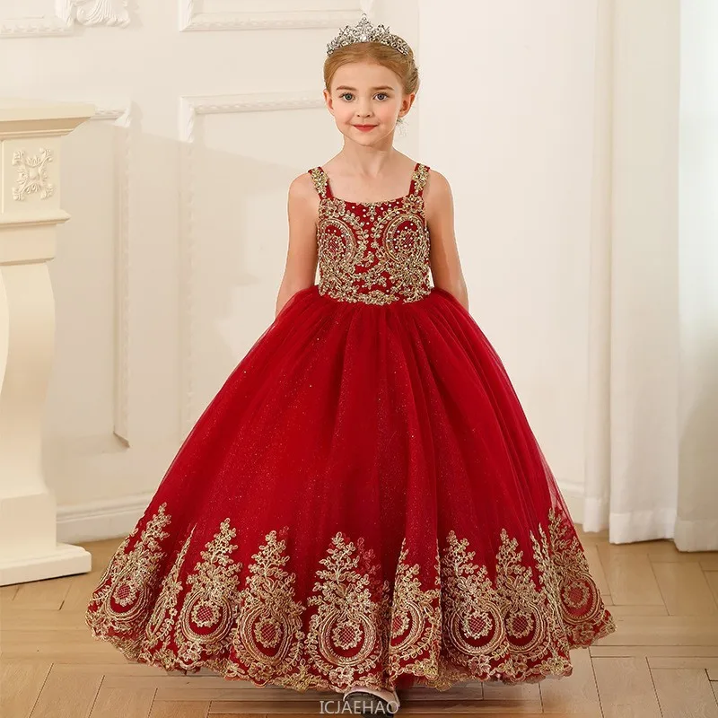 

Long Dress New Red Kids Wedding Dresses Children Princess Tutu Gown Costume Piano Birthday Party School Performance Kids Outfits