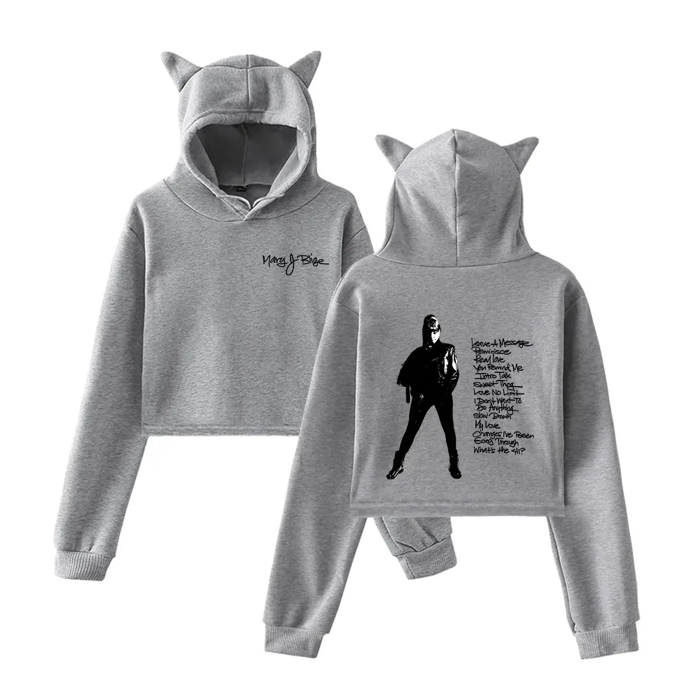 Mary J. Blige 2025 Merch moletom com capuz para meninas pulôver curto com orelha de gato roupas casuais