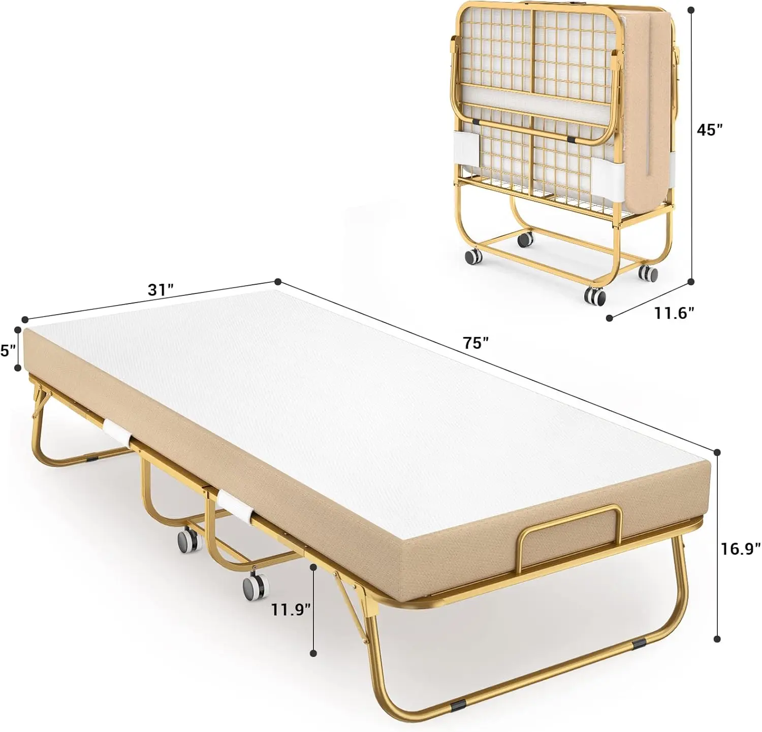 Lit pliable portable avec housse de rangement, matelas en mousse à mémoire de forme, lit pliant pour adultes