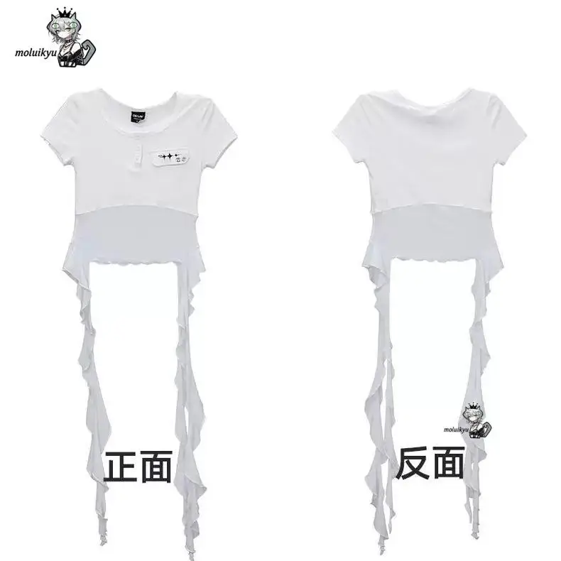 Y2K Aesthetic Vintage Women Harajuku Grunge Cropped Tops Gauze Patchwork Tees Streetwear Irregular Ruffled See Through Tshirts