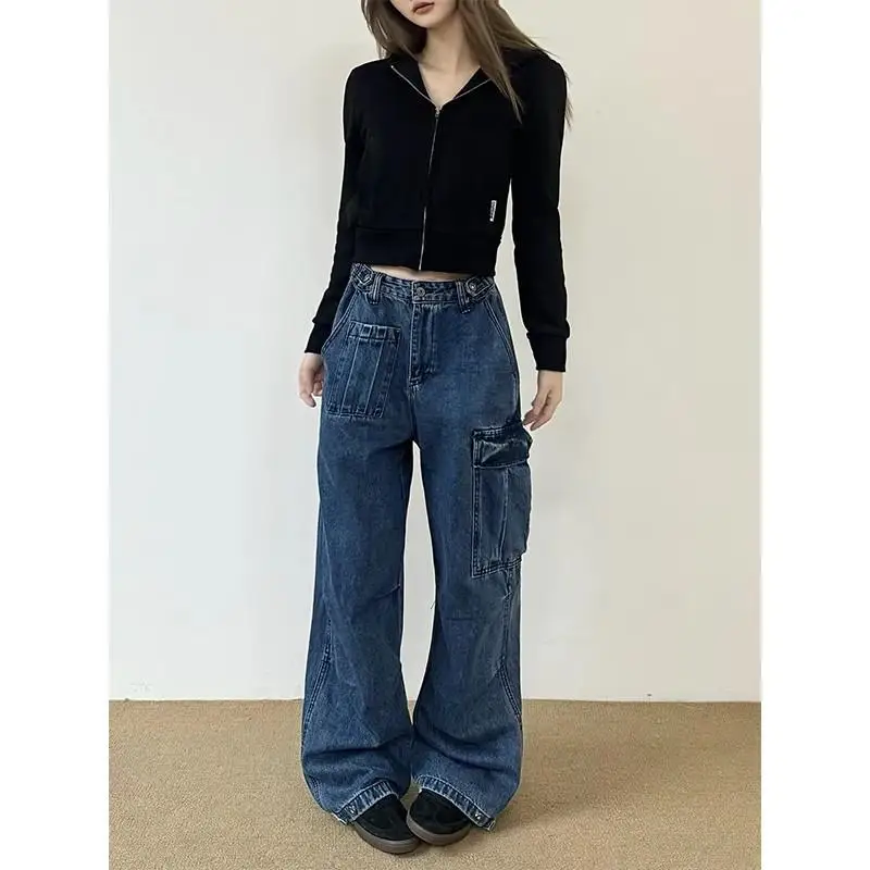 American Retro Blue Jeans Men's Casual Loose Straight Leg Workwear Long Pants Waist Adjustment Multi-Pocket Trendy