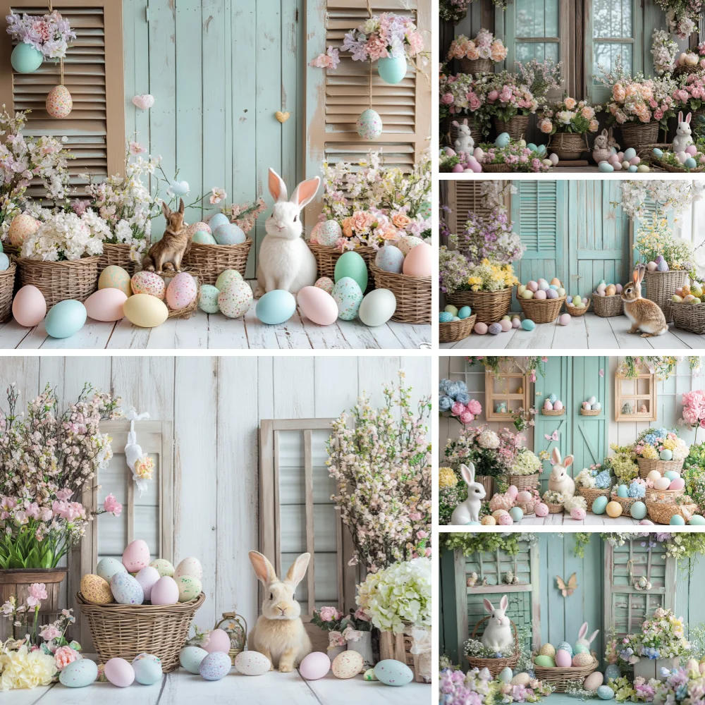 

Easter Spring Photography Background Easter Rabbit Colorful Egg Wood Floor Photo Backdrop Baby Kids Easter Party Banner