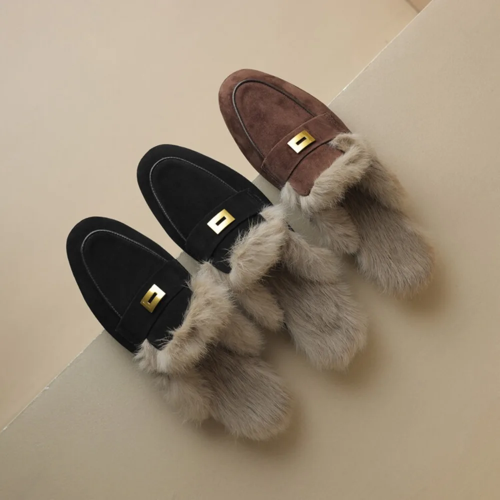 Winter Shoes Women Suede Rabbit Hair Mules Slipper Fashion Solid Color Closed Toe Fur Slippers Casual Outside Furry Warm Slides