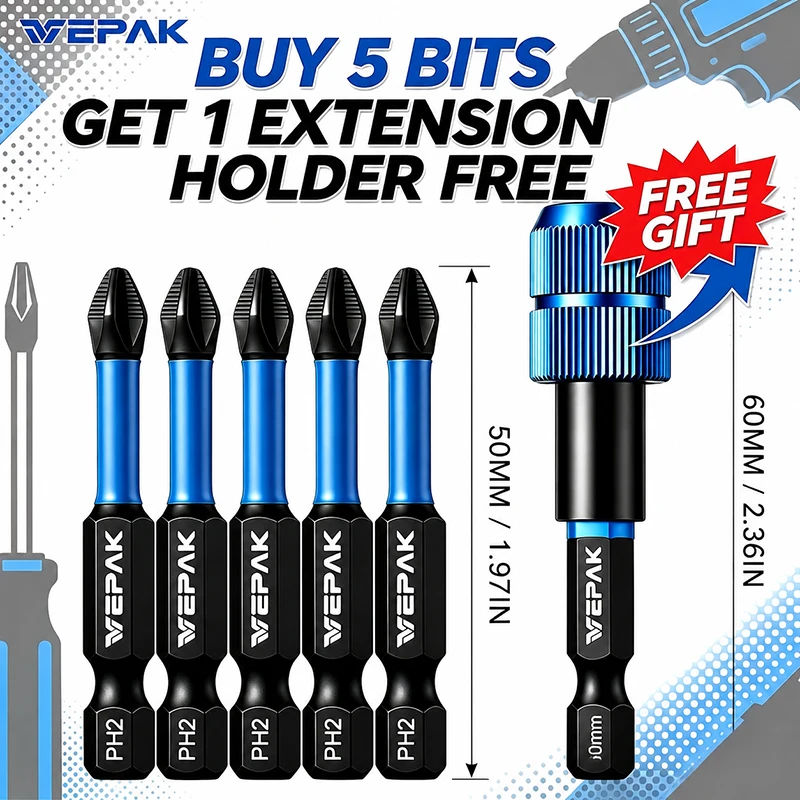 VEPAK 5Pcs PH2 50mm Magnetic Screwdriver Bits Set Free Quick Change Extension Holder VP1PH2050-1-5PC VP1BT60-SL-1PC