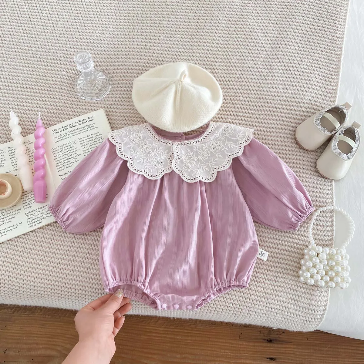 Korean Fashion Baby Romper Newborn Bodysuit Lace Peter Pan Collar Long Sleeves Infant Girl Jumpsuit 0-2yrs