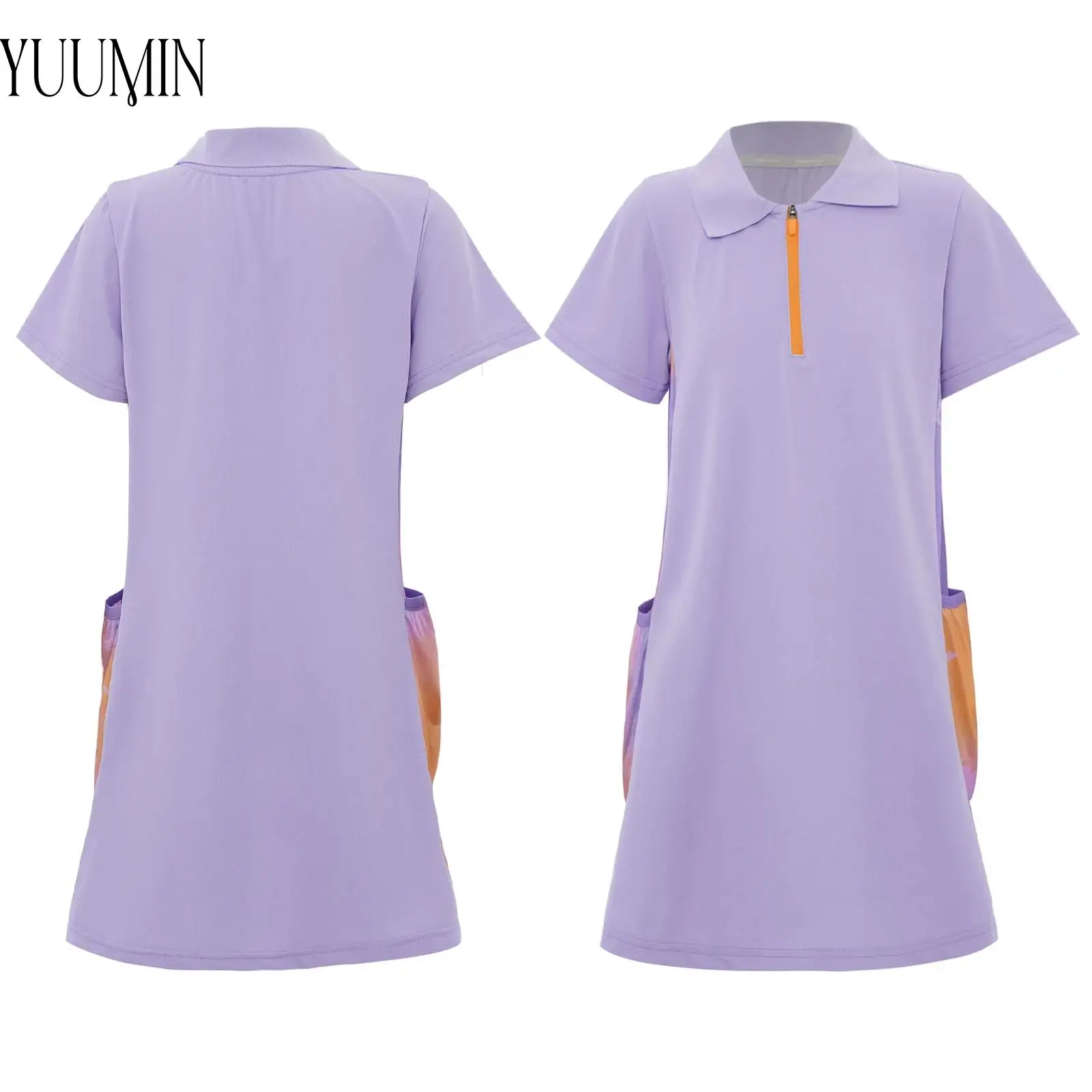 

Kids Girls Contrast Color Tennis Dress Fitness Sportswear Short Sleeve T-shirt Dresses with Pockets for Golf Badminton Training