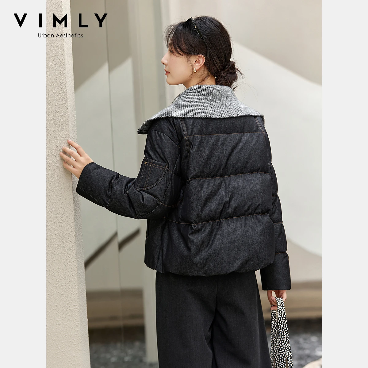 VIMLY Schwarze übergroße Daunenmäntel für Damen, 2025, Winter, Kontrastfarbe, Umlegekragen, Pufferjacken, Reißverschlussmantel für Damen 50863