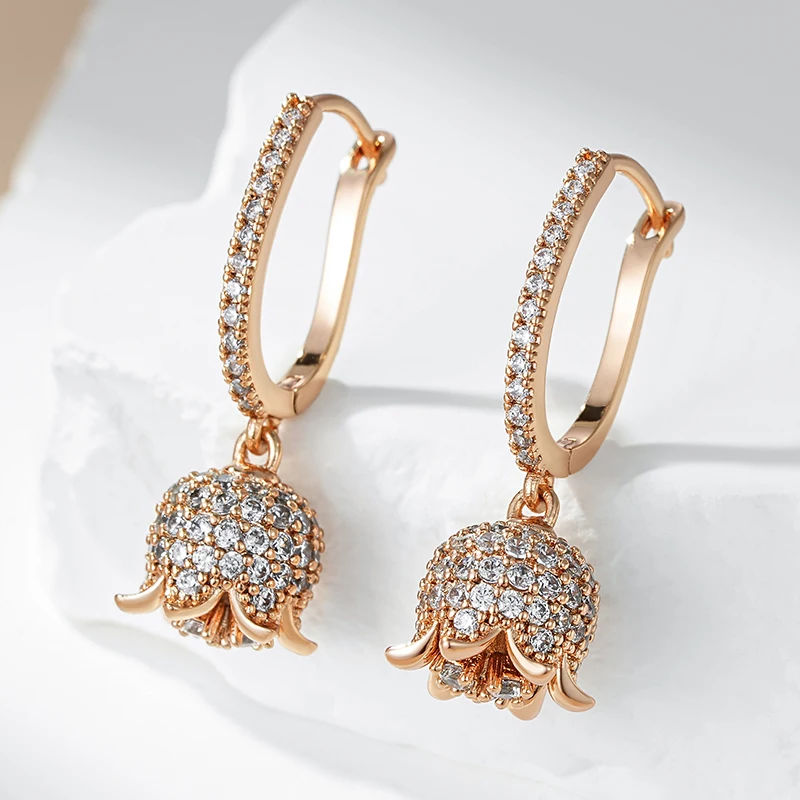 Kienl Hot Full Shiny Natural Zircon Long Drop Earring for Women 585 Rose Gold Color Unique Crystal Flower Daily Vintage Jewelry
