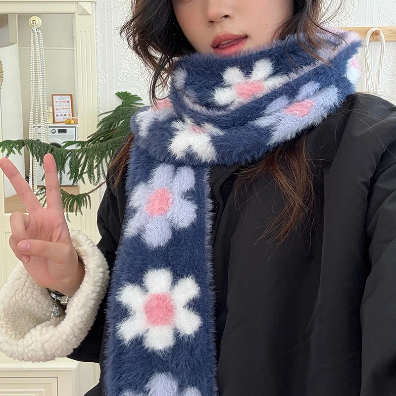 Syal Panjang Bulu Halus Ungu Motif Bunga untuk Wanita Musim Dingin, Gaya Lolita Korea, Hangat Tebal, Aksesoris Fashion untuk Sekolah, Kantor, Hadiah Festival