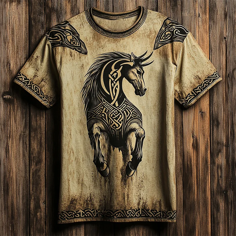 Retro Horse Print Men's T-Shirt Summer Loose Fit
