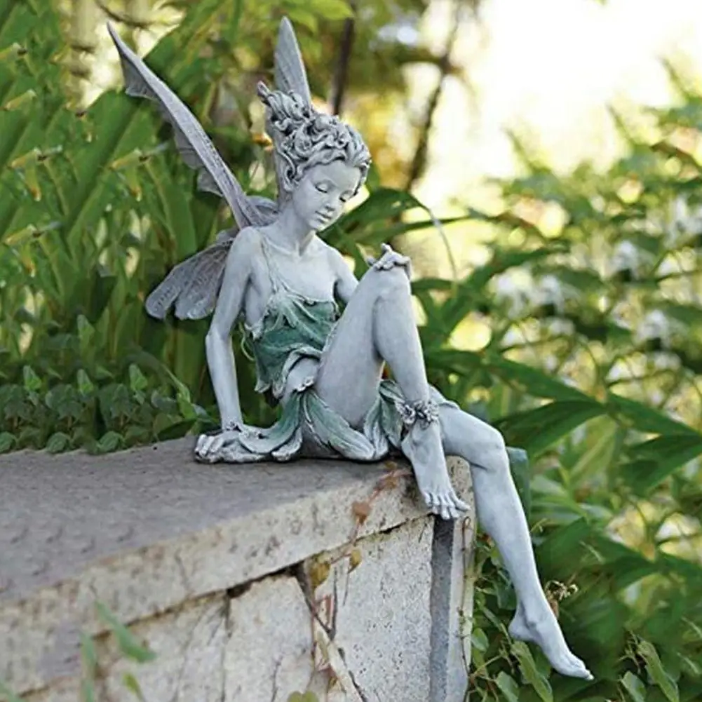 

Flower Fairy Sculpture Garden Landscaping Yard Art Ornament Resin Turek Sitting Statue Outdoor Angel Figurines Craft Decoration