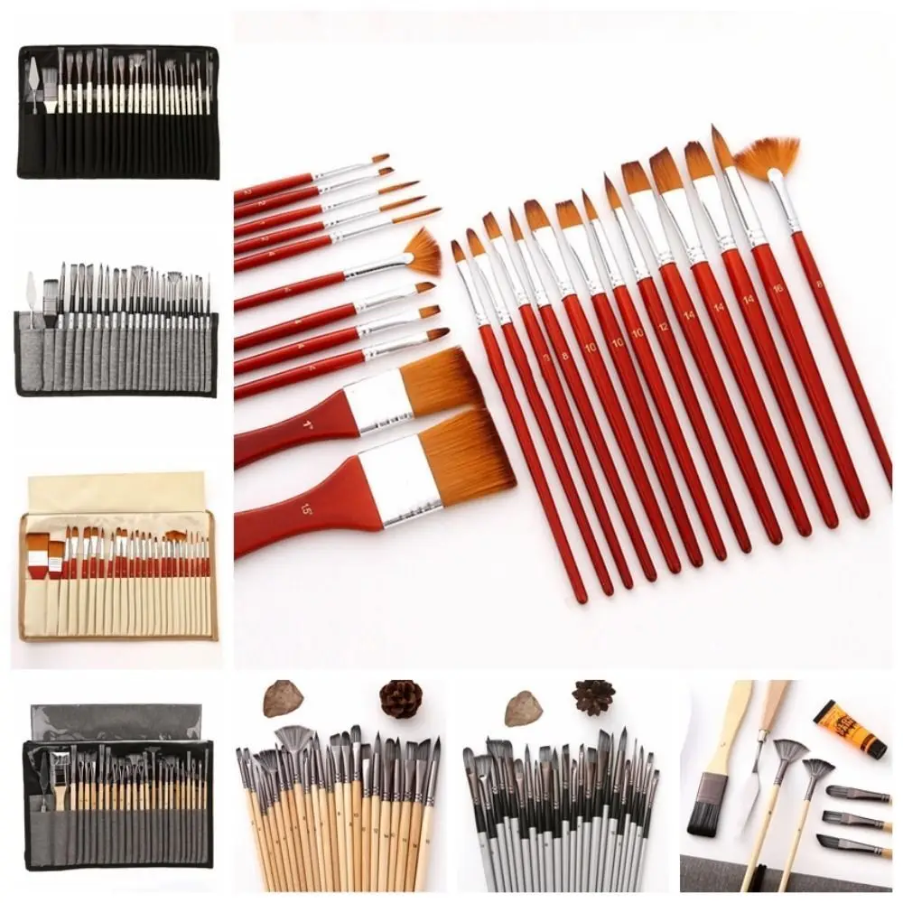 

24pcs/set Wooden Handles Acrylic Paint Brushes Set with Cloth Roll Case Nylon Hair Oil Painting Brush Colorful Scrubbing Scraper