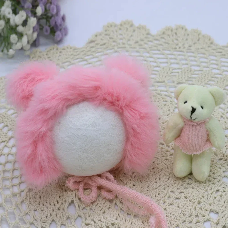 Newborn Photography Props2 Pcs/set Newborn Photography Props Fluffy Stretch with Cute Rabbit Fur Hat and Teddy Bear