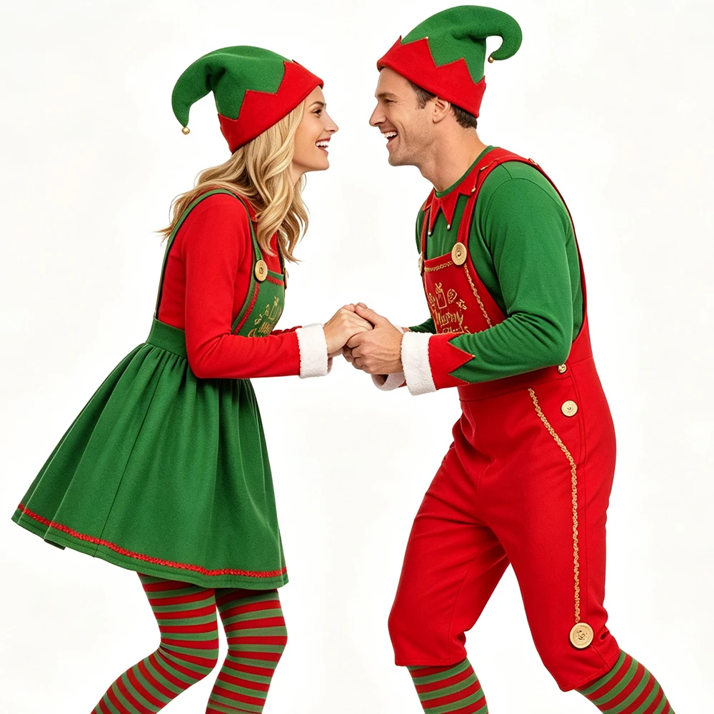 Neues Weihnachtskostüm für Erwachsene, Elfen-Cosplay, Weihnachtsmann-Kleidung, grüne Kleidung, passende Familienkostüme, Neujahrskleid, Weihnachtsoutfit.