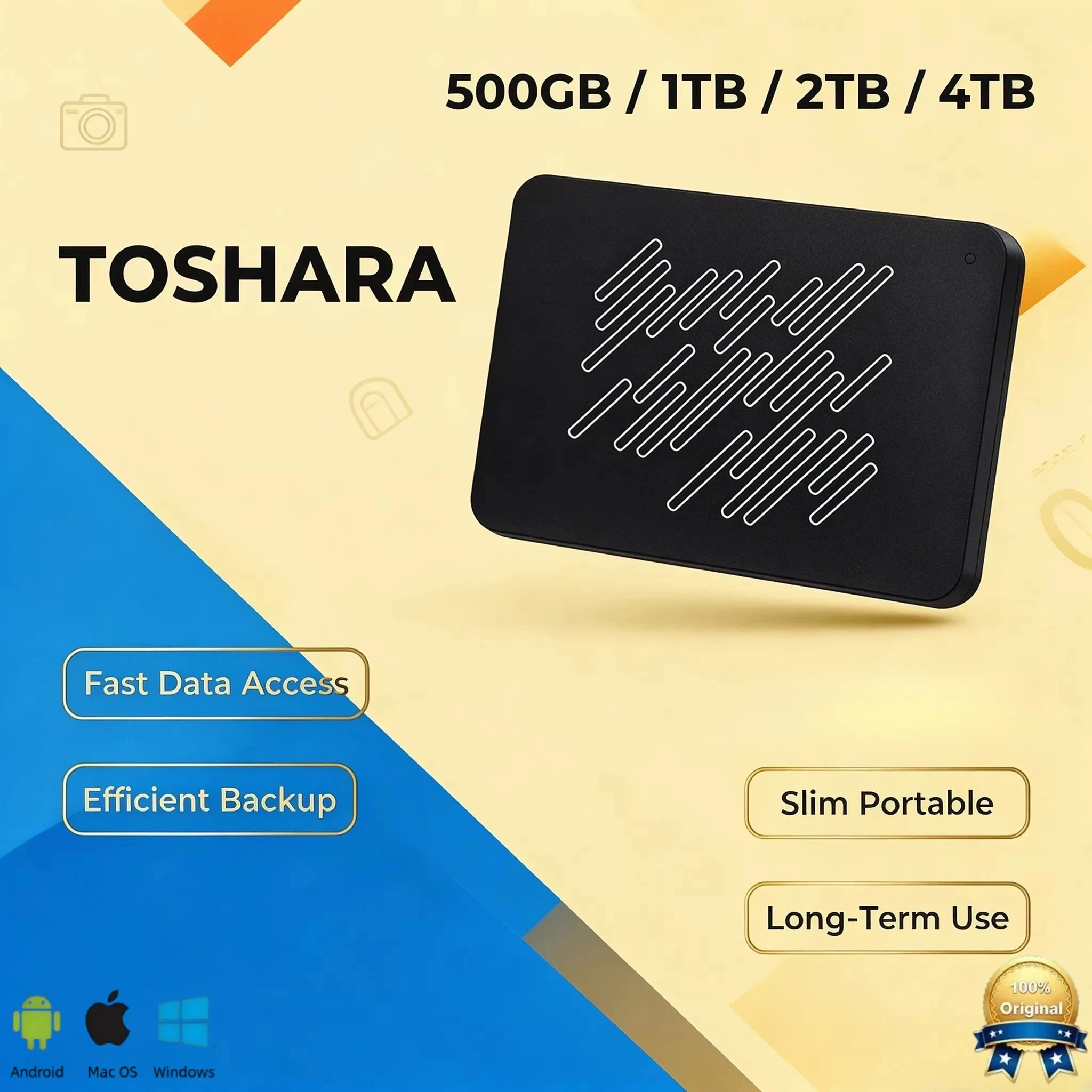 TOSHARA A3 Portable SSD Encrypted Backup 4TB 2TB 1TB 500GB for Laptop Desktop Mac Gaming Storage Pro Max Unit USB3.0
