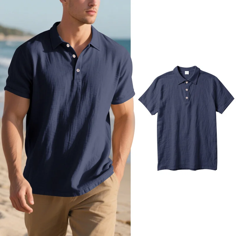 2025 Daily Casual Short Sleeve Linen Polo Shirt Mens Fashion Buttoned turn-down collar Shirt Summer Leisure beach men Polo Shirt